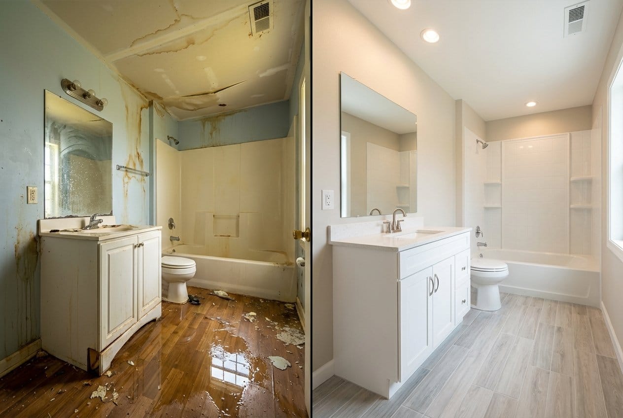 Before and after water damage restoration in Fort Lee split-level home bathroom