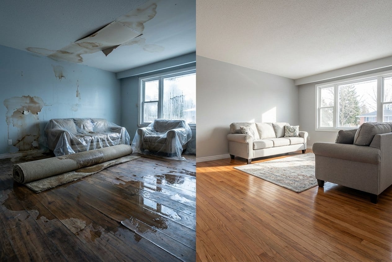 Emergency Water Removal before and after in living room, Fort Lee NJ