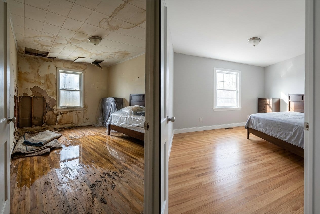 Before and after emergency water removal in Fort Lee two-story residence bedroom