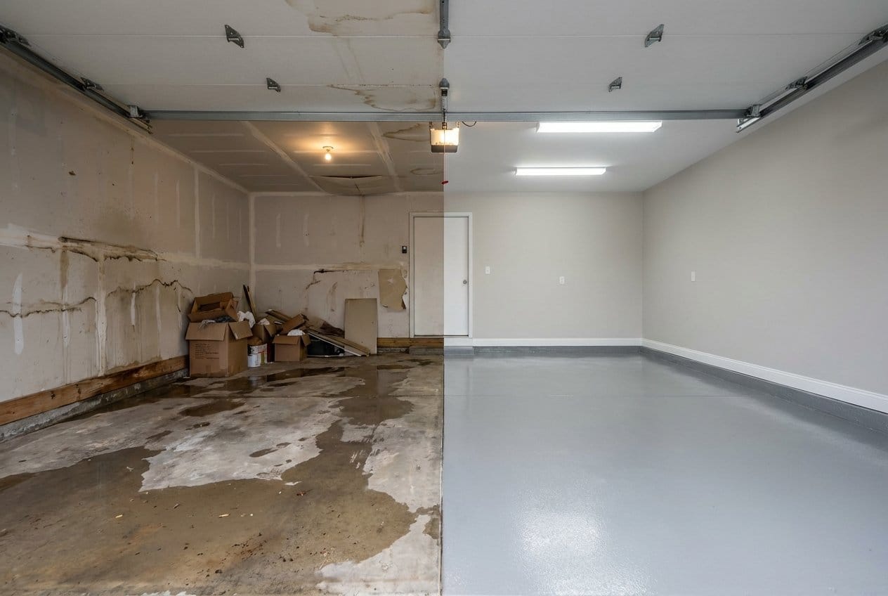Basement Flood Cleanup before and after in garage, Fort Lee NJ