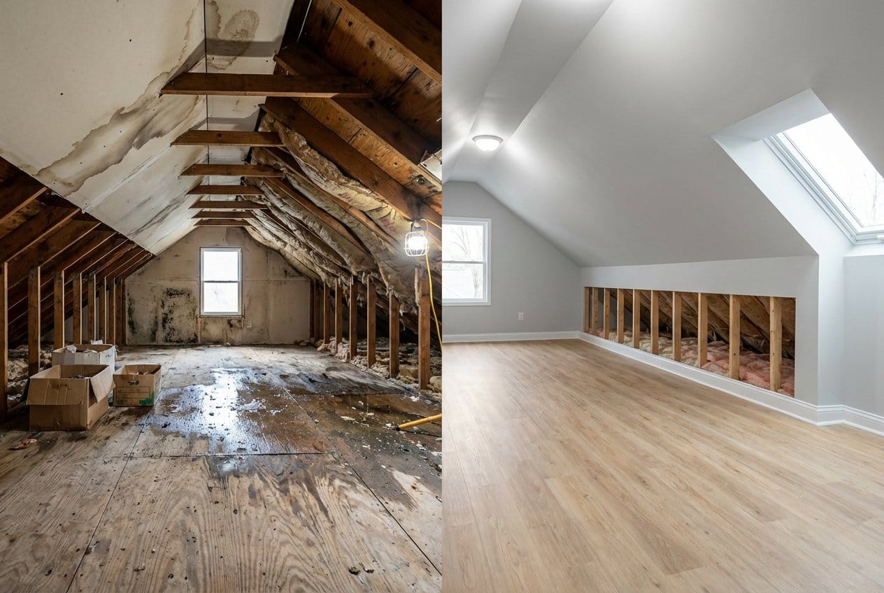 Before and after basement flood cleanup in Fort Lee commercial property attic space