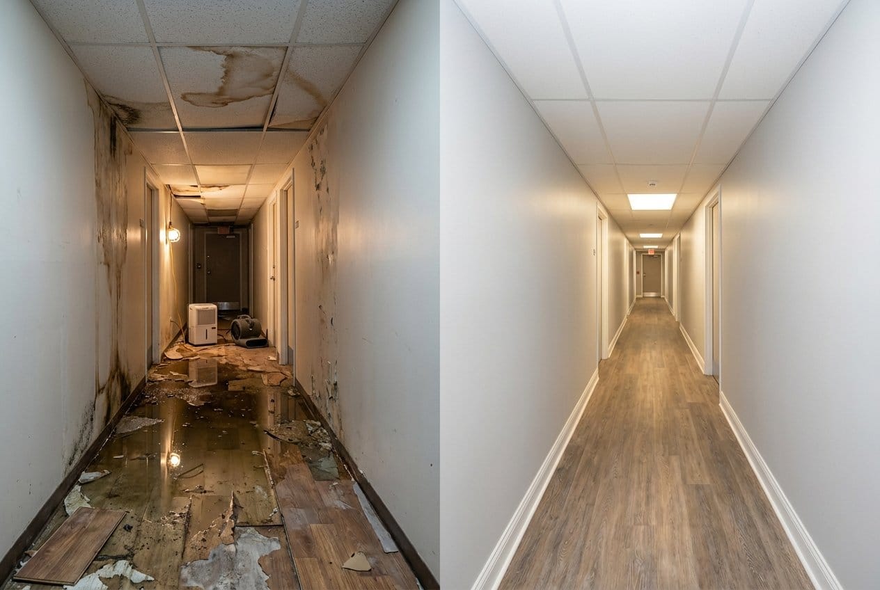 Burst Pipe & Plumbing Leak Damage before and after in hallway, Fort Lee NJ