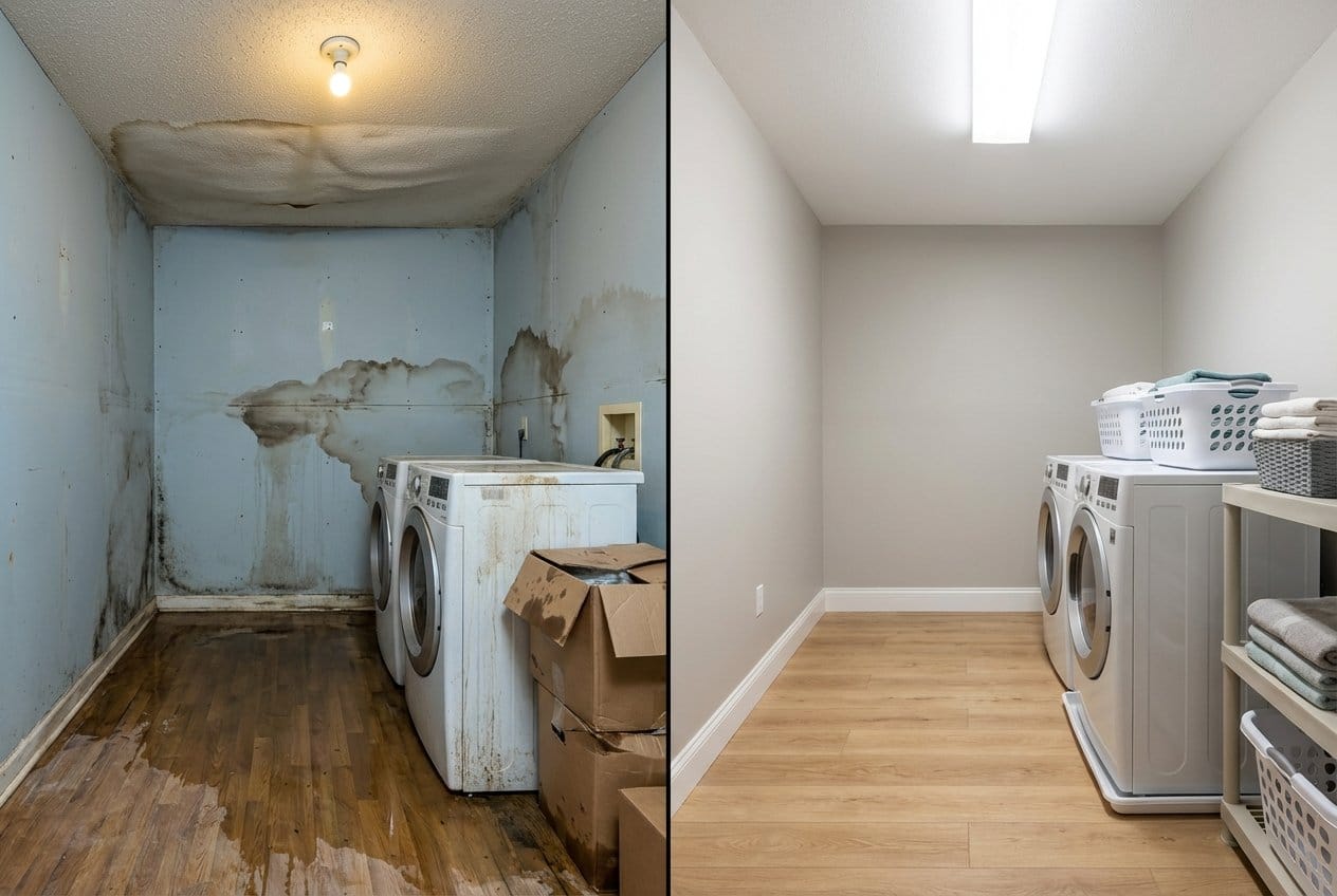 Burst Pipe & Plumbing Leak Damage restoration — laundry room of contemporary home in Fort Lee, NJ