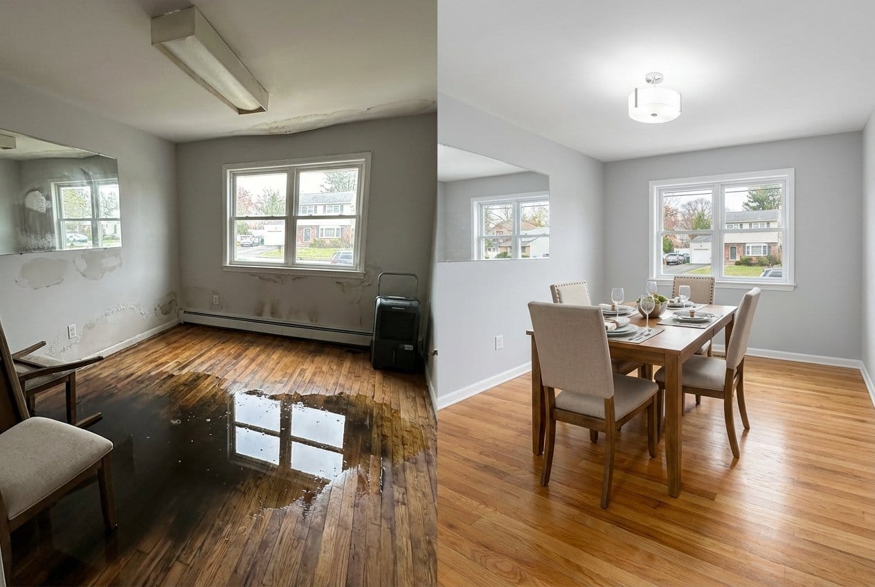 Before and after burst pipe & plumbing leak damage in Fort Lee bungalow dining room