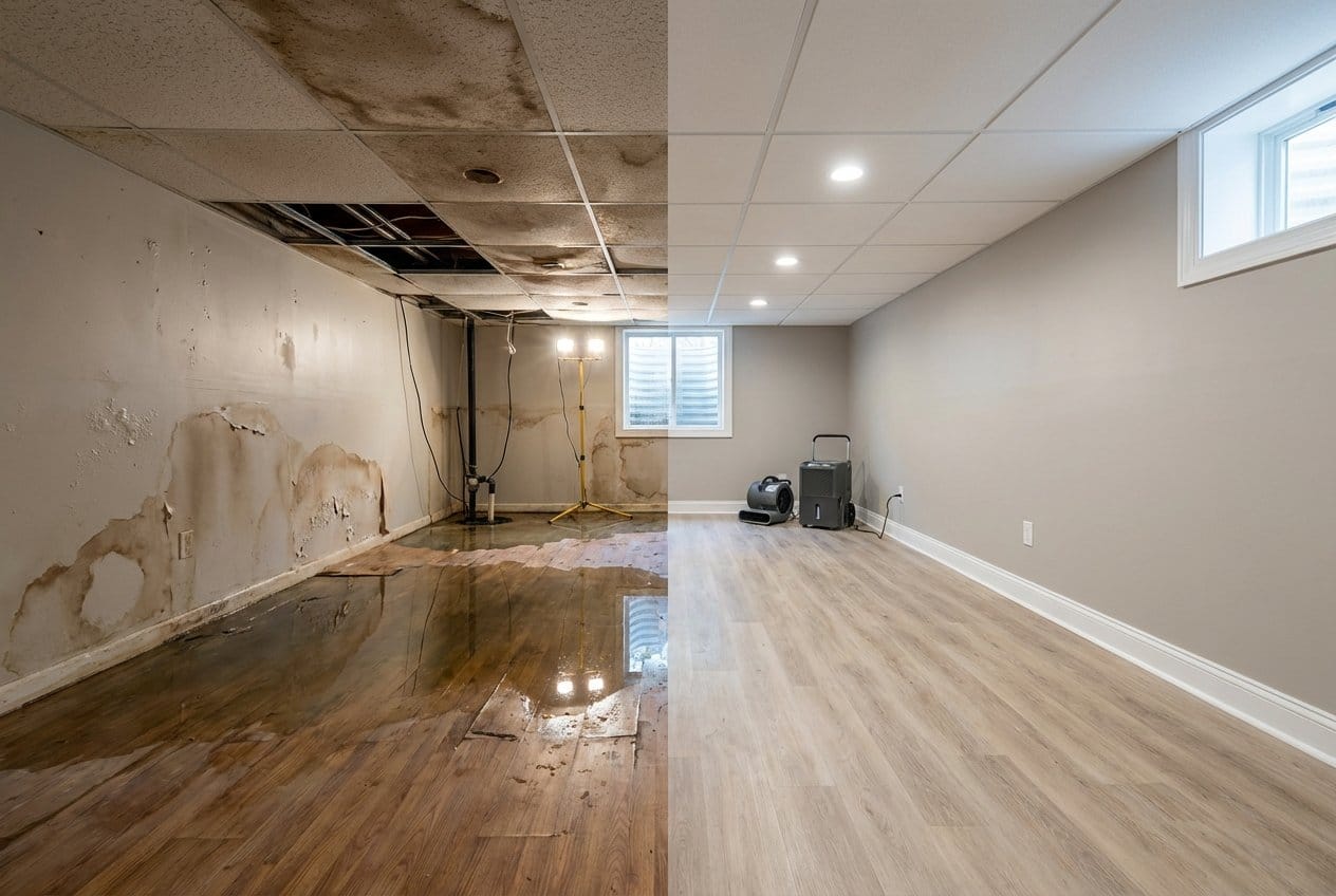 Storm & Roof Leak Water Damage before and after in finished basement, Fort Lee NJ