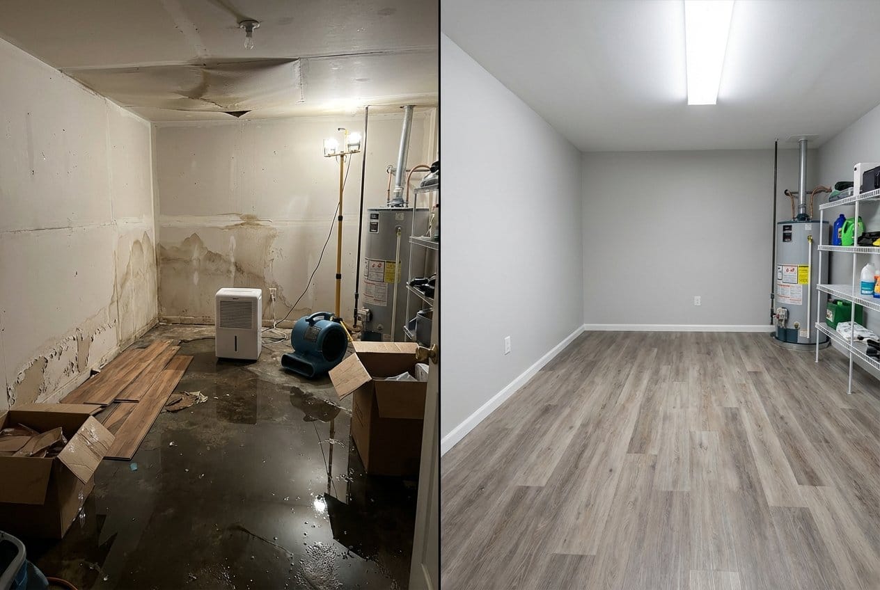Storm & Roof Leak Water Damage restoration β utility room of split-level home in Fort Lee, NJ