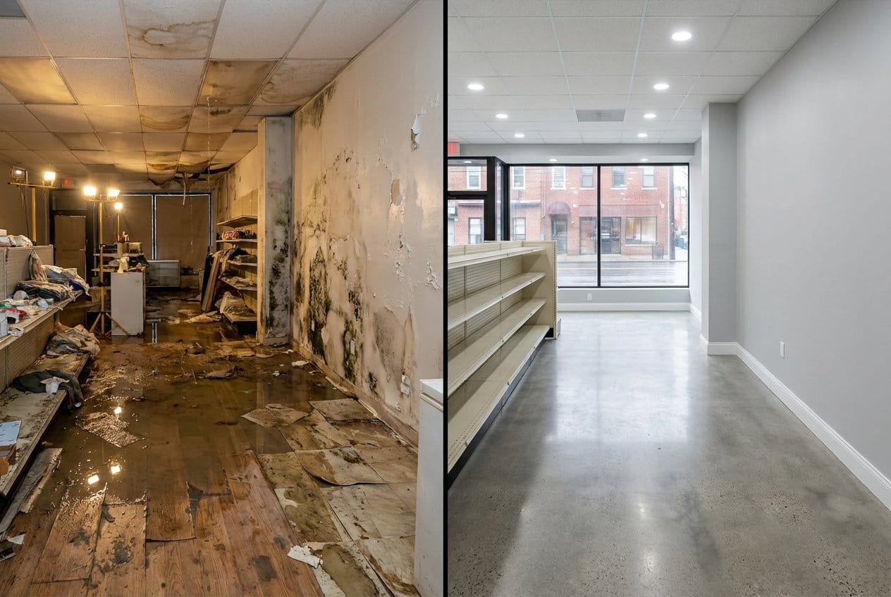 Before and after storm & roof leak water damage in Fort Lee Cape Cod house storefront interior