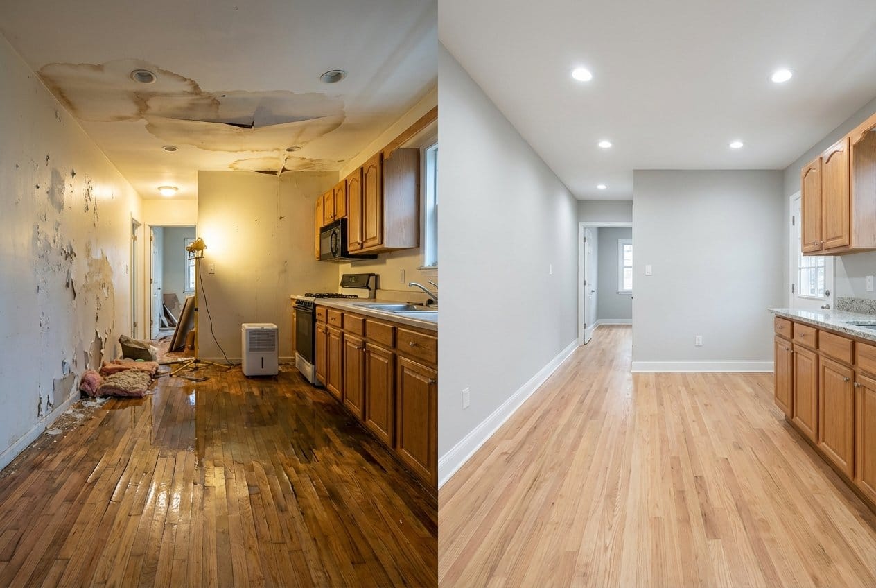 Sewage Backup Cleanup restoration โ home kitchen of two-story residence in Fort Lee, NJ