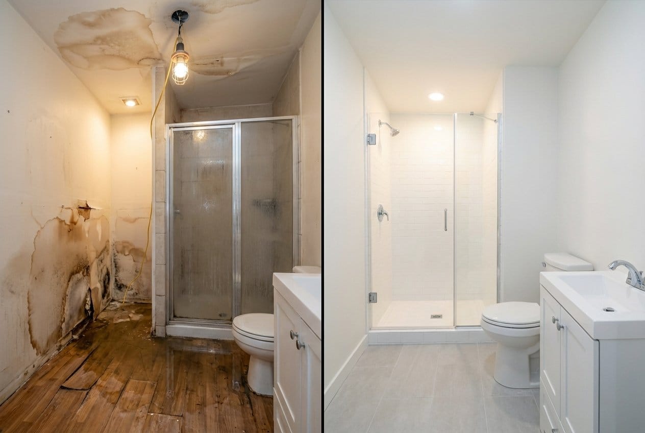 Before and after sewage backup cleanup in Fort Lee private residence bathroom