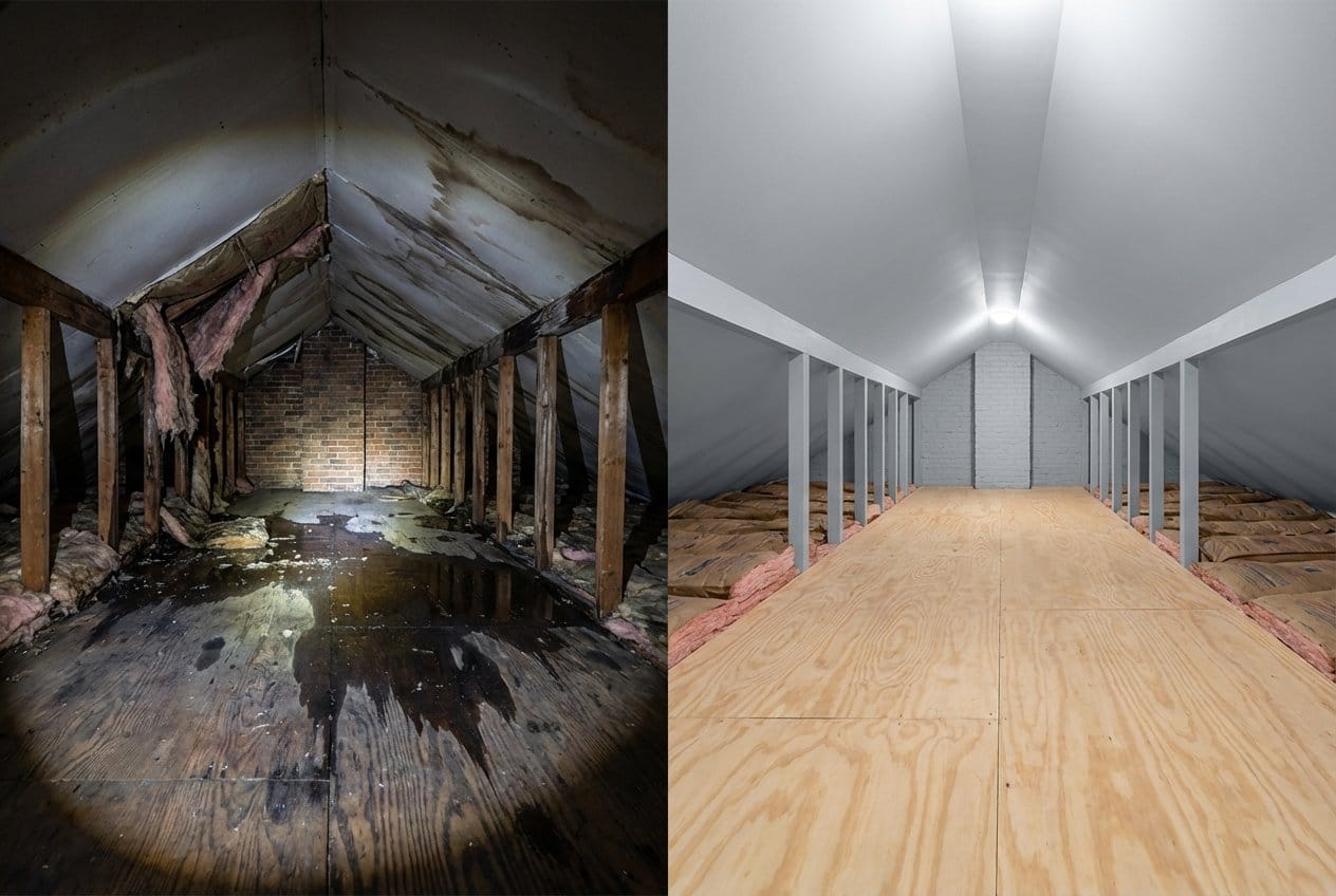 Before and after carpet & flooring water damage cleanup in Fort Lee single-family home attic space