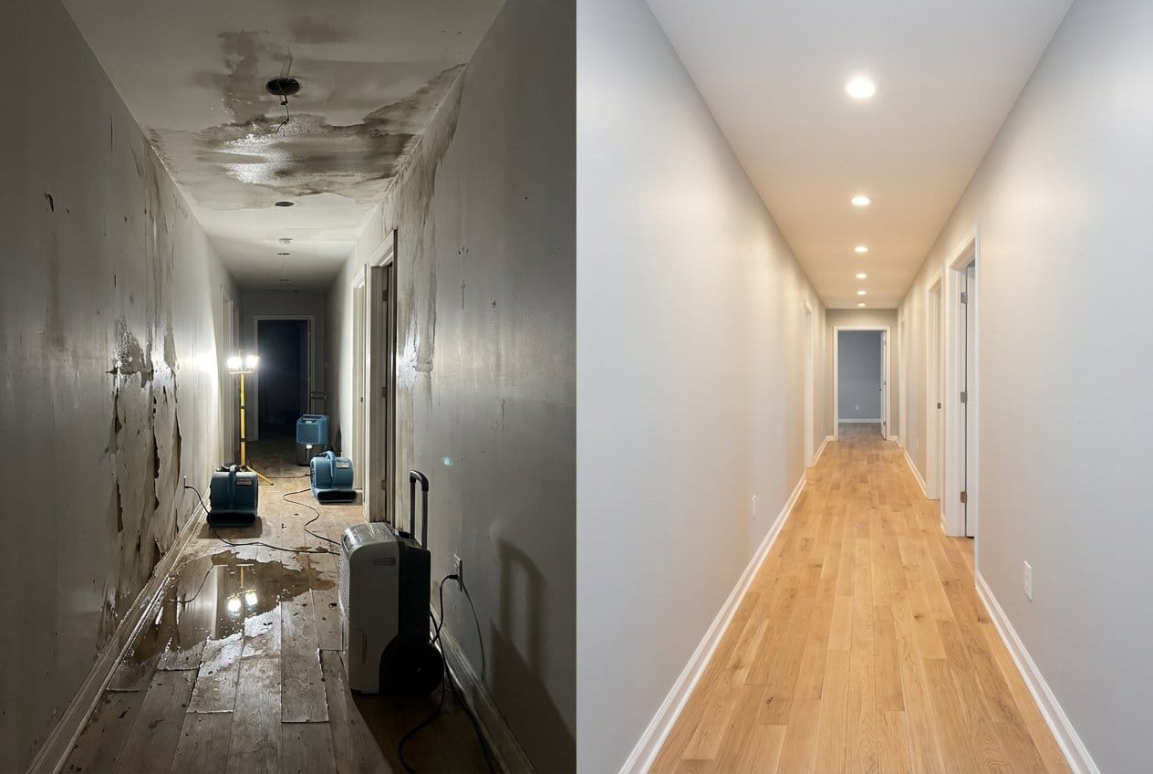Wall & Ceiling Dry-Out before and after in hallway, Fort Lee NJ