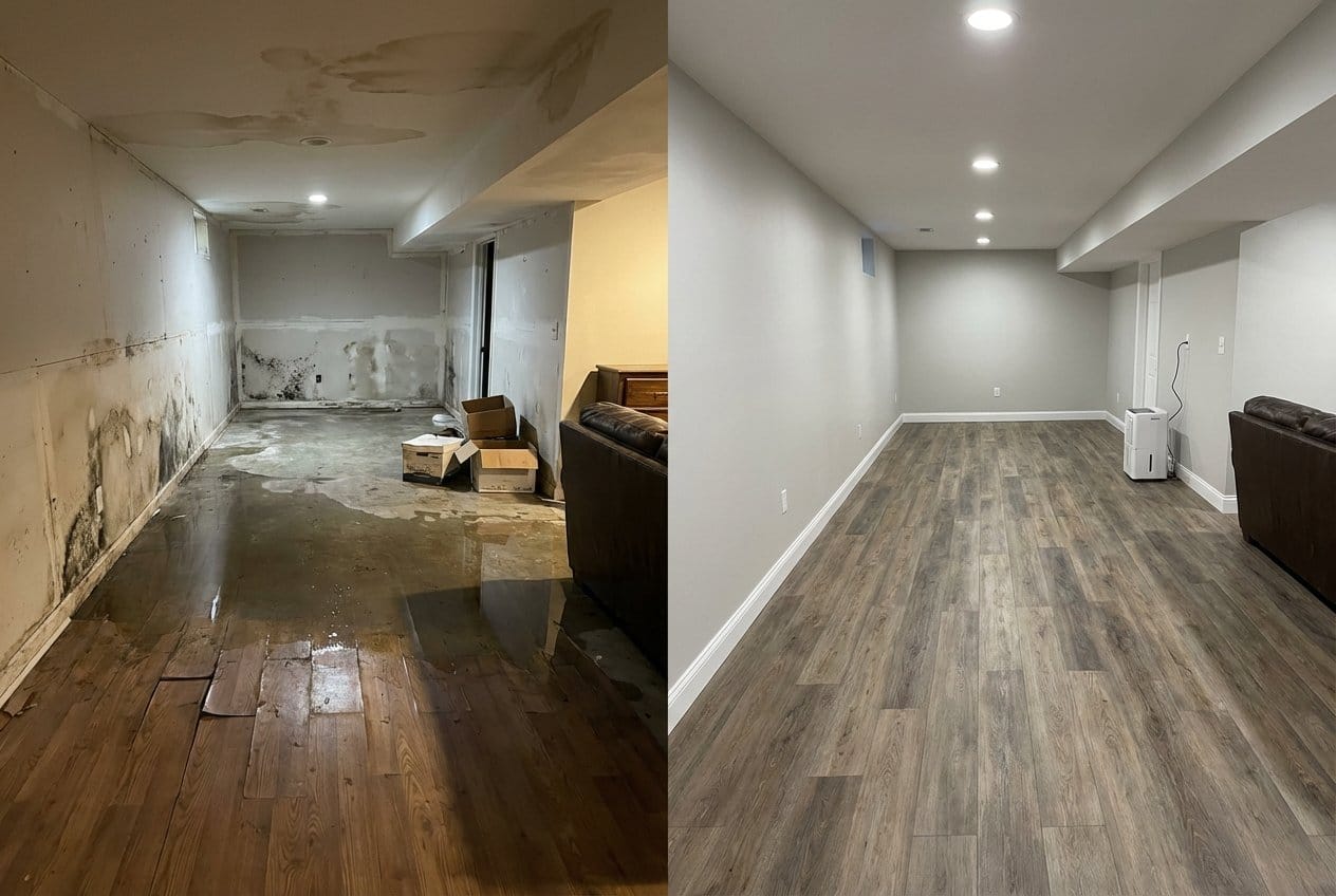 Content Drying & Property Cleanup before and after in finished basement, Fort Lee NJ