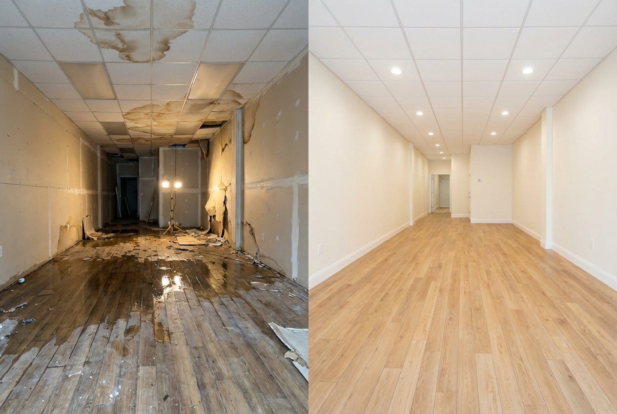 Before and after content drying & property cleanup in Fort Lee townhouse storefront interior