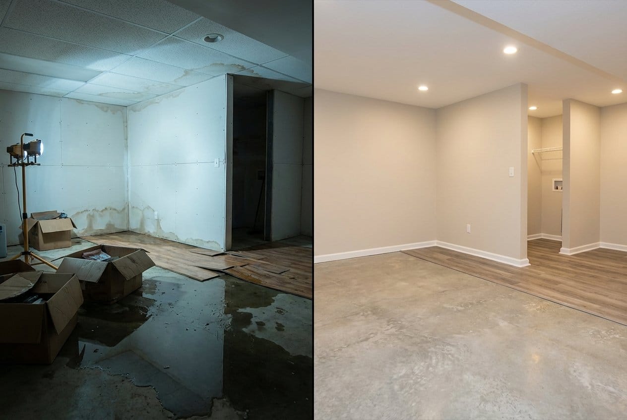 Mold Prevention After Water Damage before and after in residential basement, Fort Lee NJ
