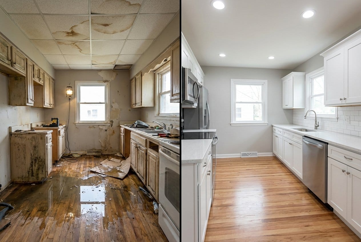 Mold Prevention After Water Damage restoration โ home kitchen of bi-level home in Fort Lee, NJ
